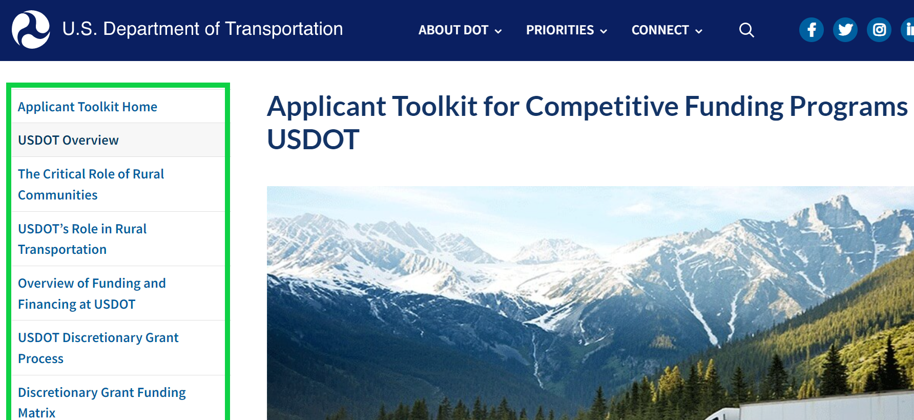 Screenshot of the US Department of Transportation's ROUTES applicant toolkit table of contents with a green box around it to draw attention to it.